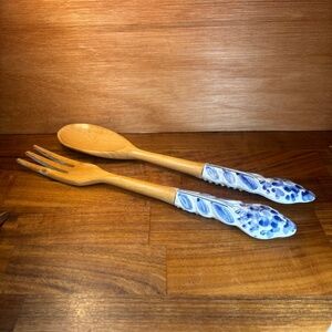 Salad Serving Set Fork & Spoon Wood & Hand-Painted Ceramic Handles 10.5”